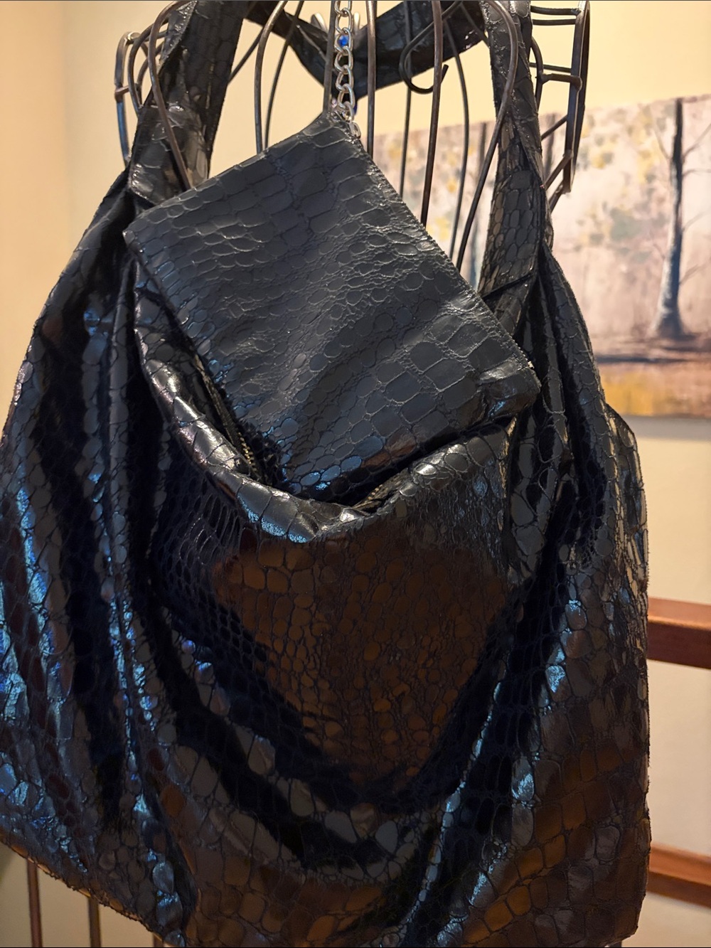 Mycra Pac Black Shiny Faux Croc Super Large Lightweight Tote Bag & Pouch